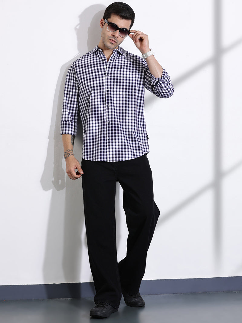 Thomas Scott Men Navy Slim Fit Long Sleeve Gingham Checks Cotton Casual Shirt