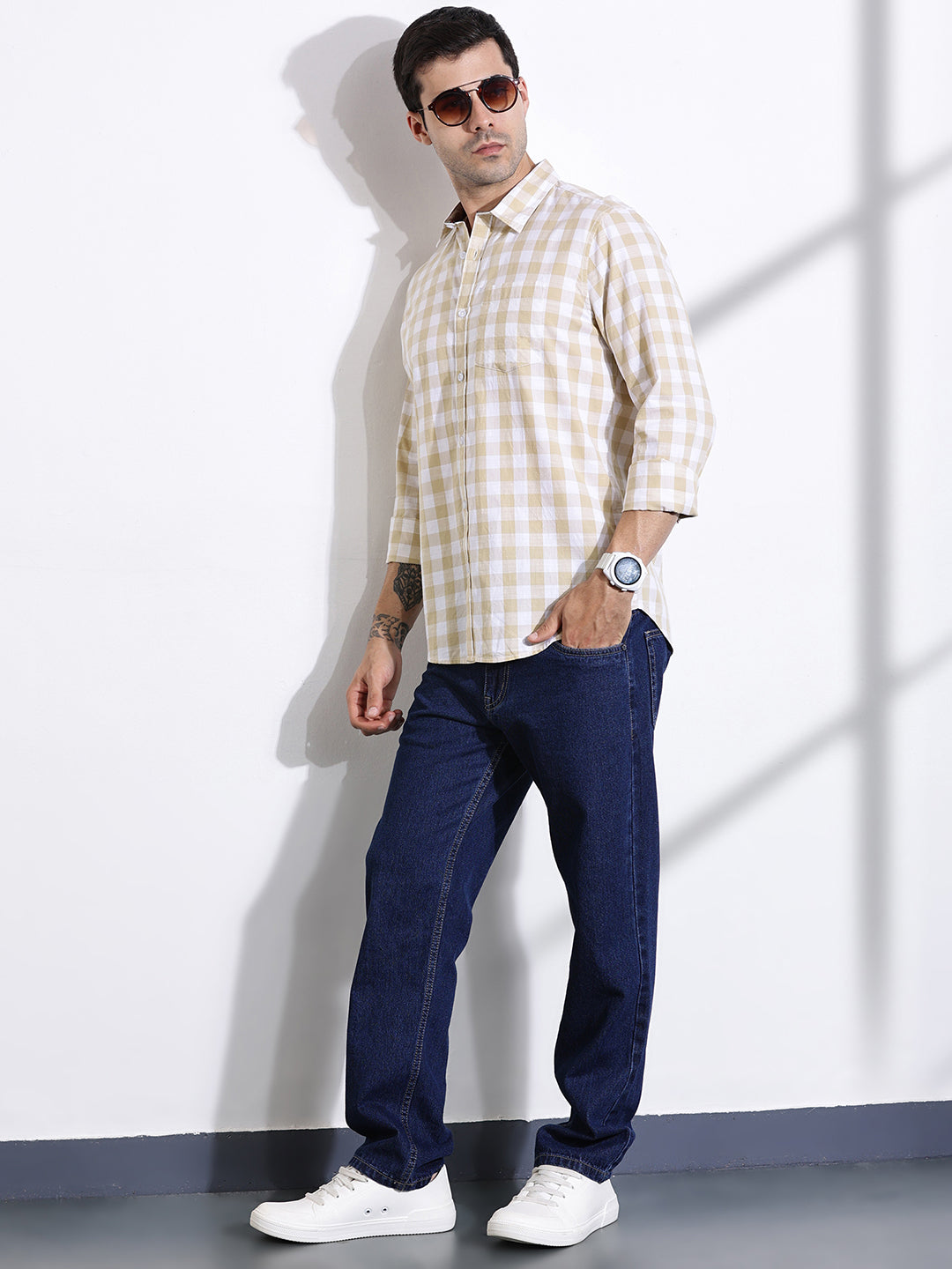 Thomas Scott Men Beige Slim Fit Long Sleeves Tartan Checks Casual Shirt