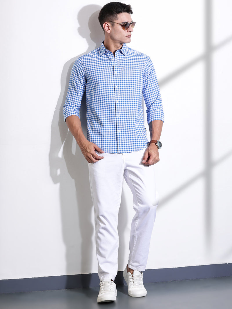 Thomas Scott Men Blue Slim Fit Long Sleeves Gingham Checks Woven Casual Shirt