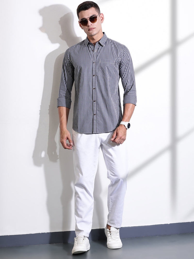 Thomas Scott Men Navy Slim Fit Long Sleeves Gingham Checks Woven Casual Shirt