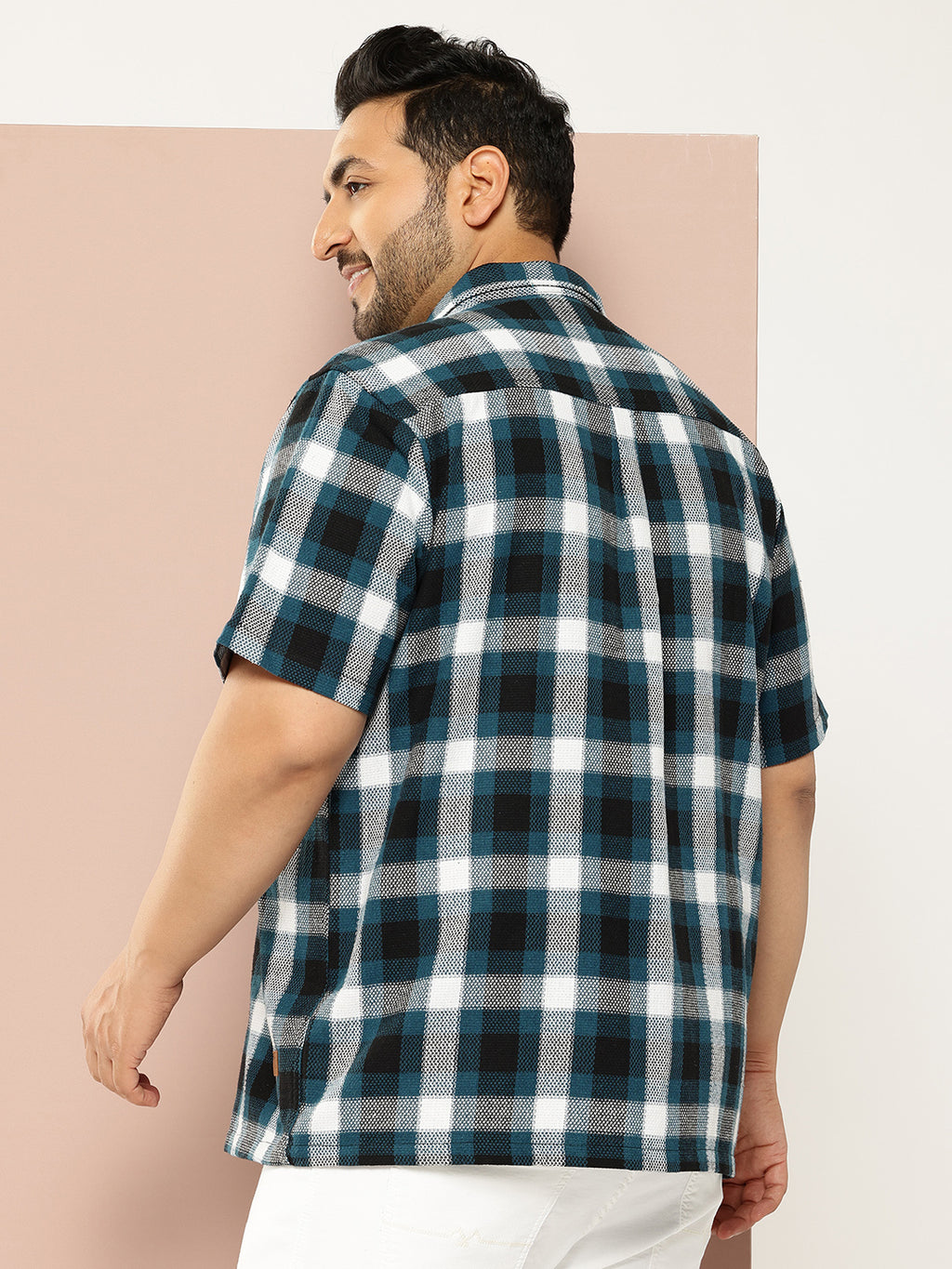 Thomas Scott Men Teal Plus Size Regular Fit Short Sleeves Windowpane Checks Casual Shirt