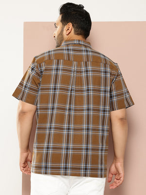Thomas Scott Men Brown Plus Size Regular Fit Short Sleeves Windowpane Checks Casual Shirt