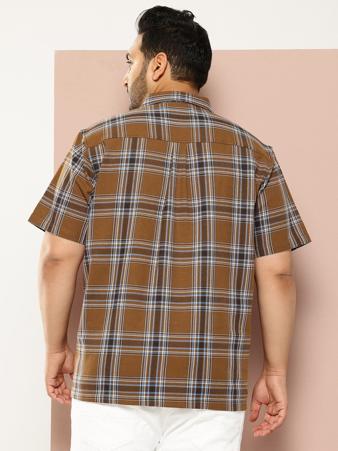 Thomas Scott Men Brown Plus Size Regular Fit Short Sleeves Windowpane Checks Casual Shirt