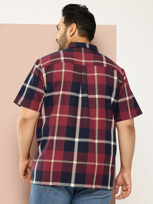 Red Plus Size Regular Fit Short Sleeves Windowpane Checks Casual Shirt For Men
