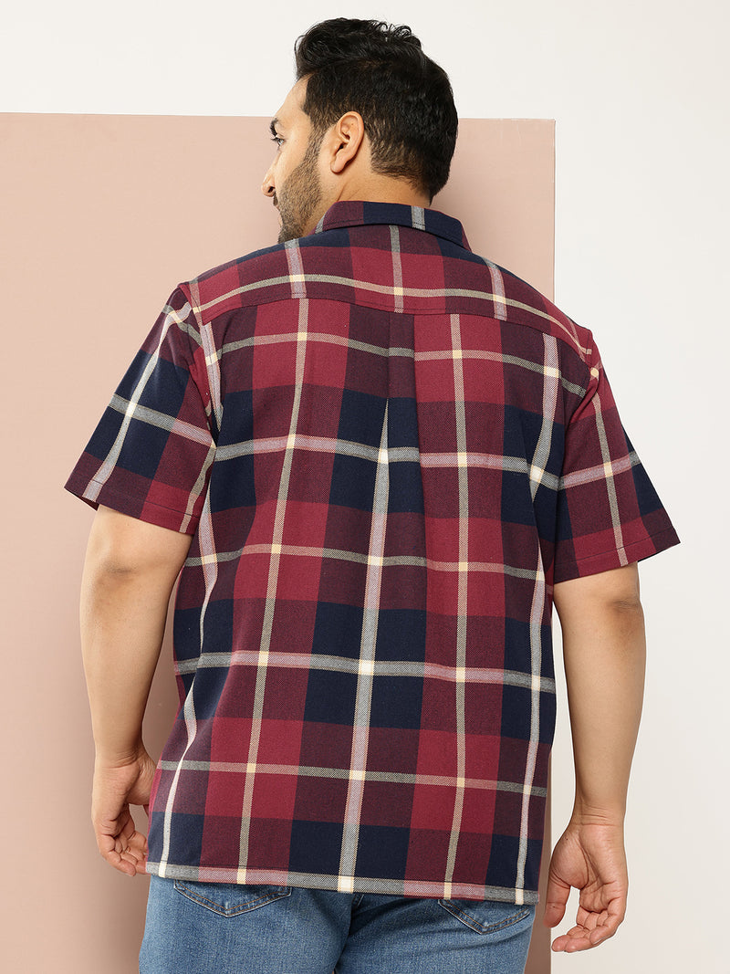 Thomas Scott Men Red Plus Size Regular Fit Short Sleeves Windowpane Checks Casual Shirt