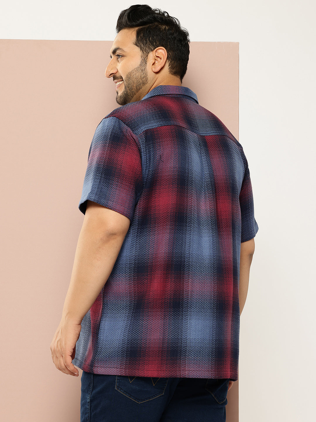 Thomas Scott Men Red Plus Size Regular Fit Short Sleeves Windowpane Checks Casual Shirt