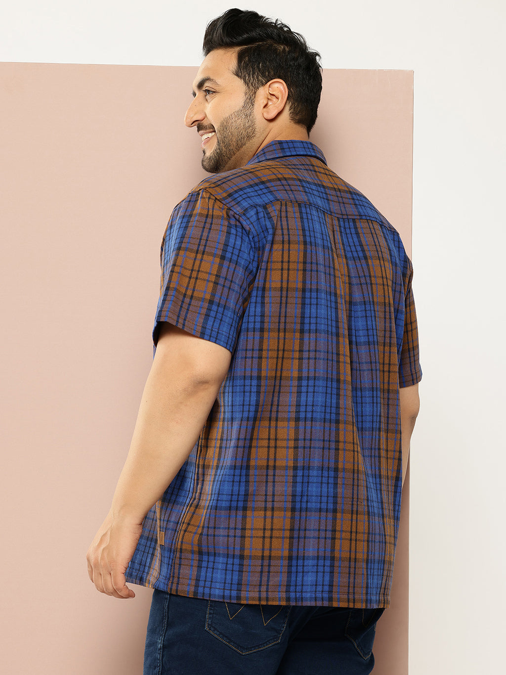 Thomas Scott Men Blue Plus Size Regular Fit Short Sleeves Windowpane Checks Casual Shirt