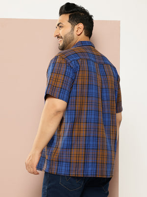 Blue Plus Size Regular Fit Short Sleeves Windowpane Checks Casual Shirt For Men