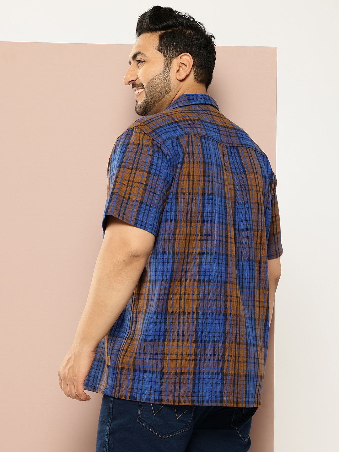 Thomas Scott Men Blue Plus Size Regular Fit Short Sleeves Windowpane Checks Casual Shirt