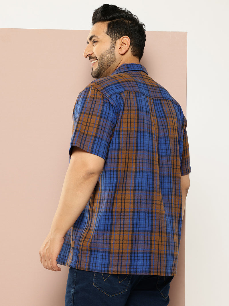 Thomas Scott Men Blue Plus Size Regular Fit Short Sleeves Windowpane Checks Casual Shirt