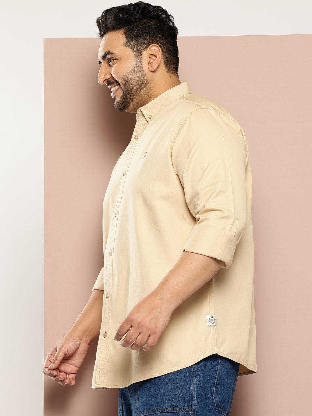 Thomas Scott Men Beige Plus Size Regular Fit Long Sleeves Button-Down Collar Twill Shirt