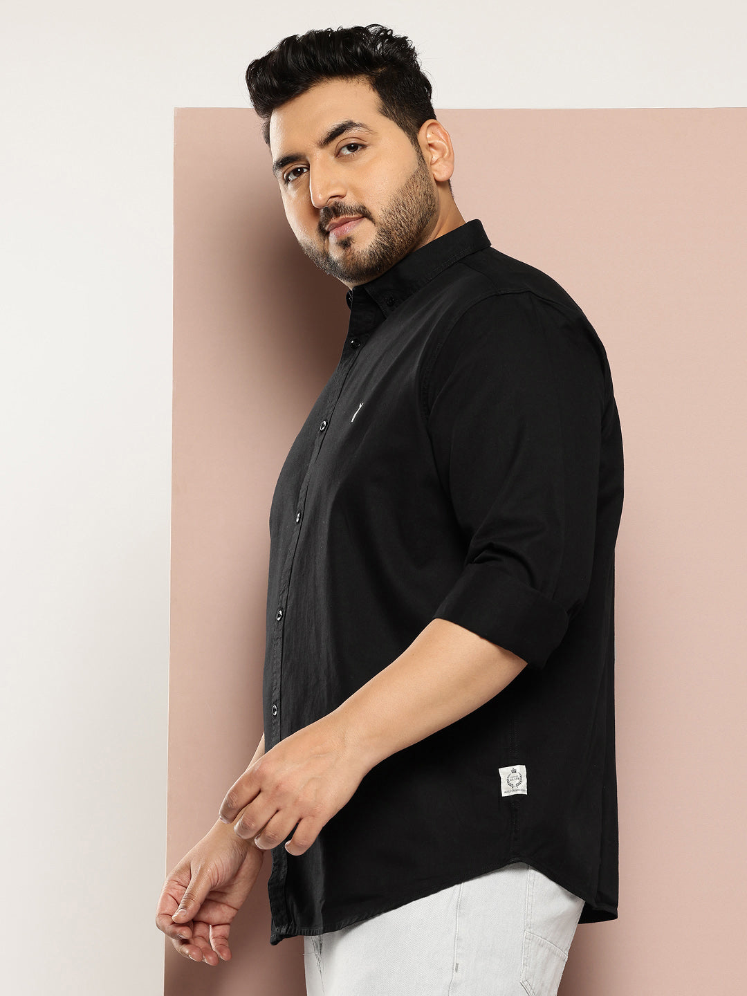 Thomas Scott Men Black Plus Size Regular Fit Long Sleeves Button-Down Collar Twill Shirt