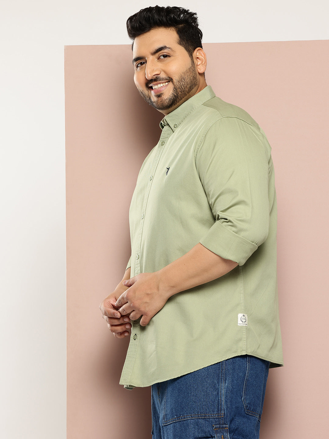 Thomas Scott Men Green Plus Size Regular Fit Long Sleeves Button-Down Collar Twill Shirt