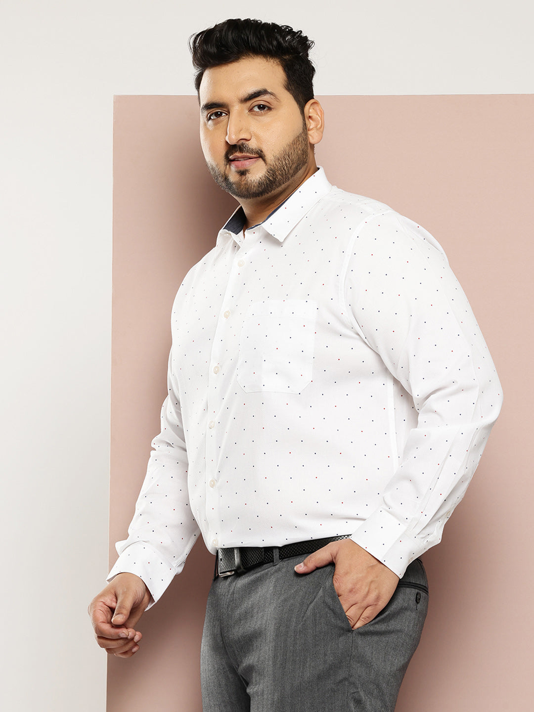 Thomas Scott Men White Plus Size Regular Fit Long Sleeves Polka Dots Printed Formal Shirt