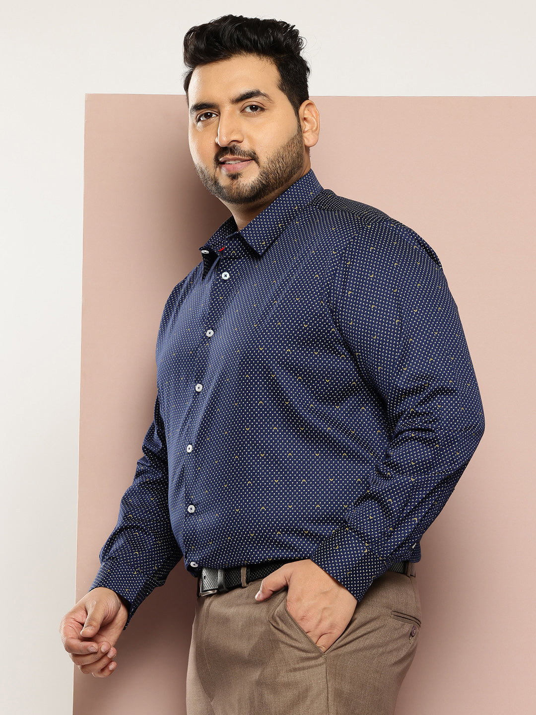 Thomas Scott Men DarkBlue Plus Size Regular Fit Micro Ditsy Printed Cotton Formal Shirt