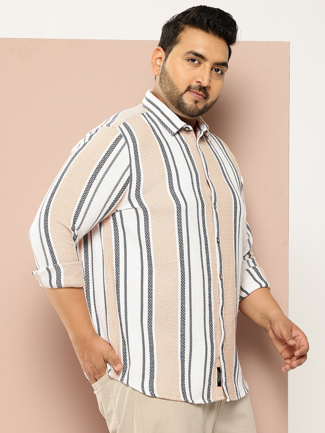 Thomas Scott Men White Plus Size Regular Fit Vertical Stripes Woven Shirt