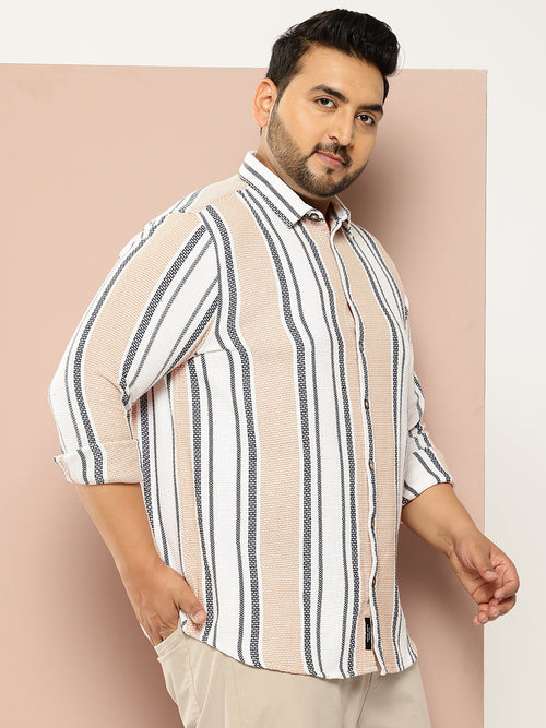 Thomas Scott Men White Plus Size Regular Fit Vertical Stripes Woven Shirt