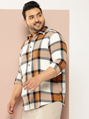 Cream Plus Size Regular Fit Windowpane Checks Woven Casual Shirt For Men