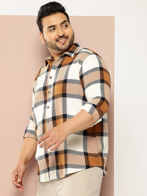 Thomas Scott Men Cream Plus Size Regular Fit Windowpane Checks Woven Shirt