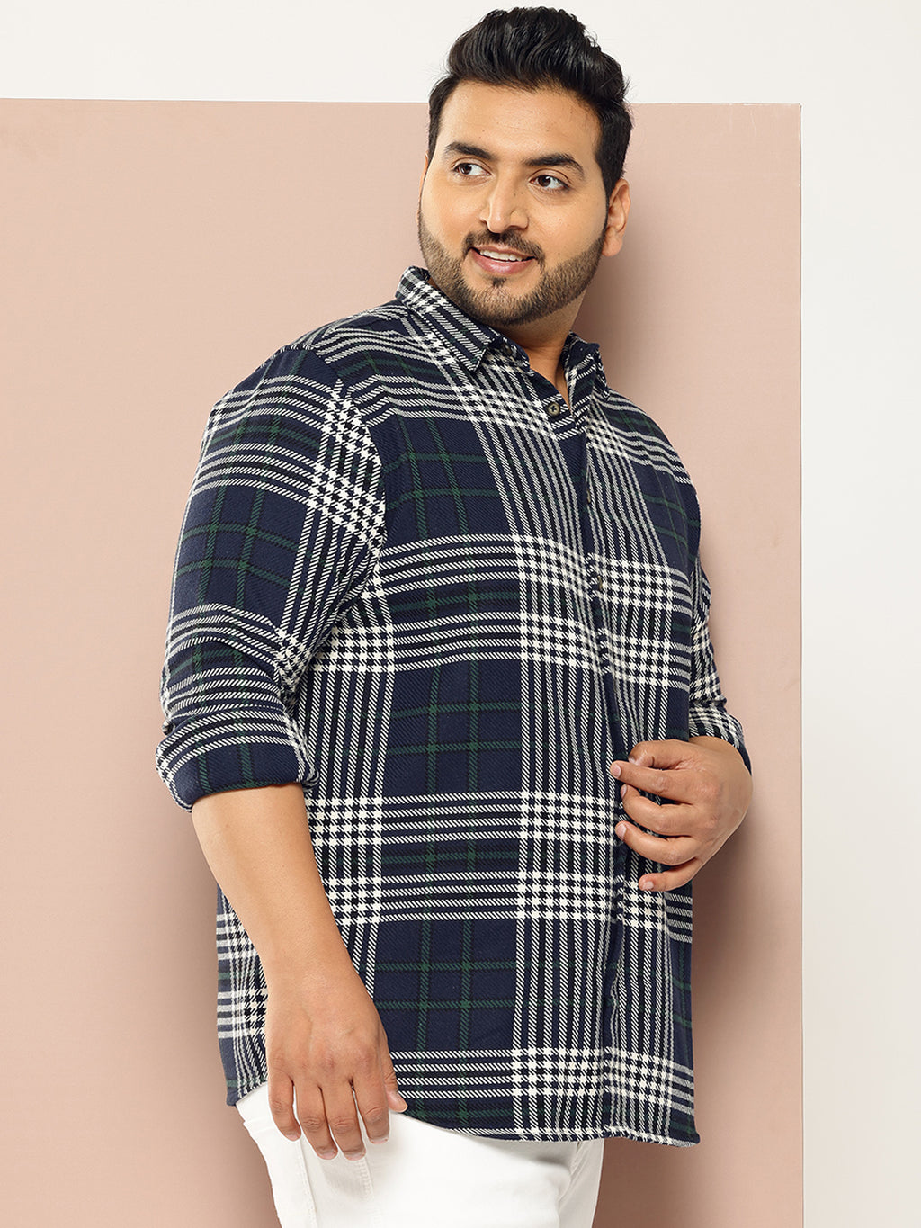 Thomas Scott Men NavyBlue Plus Size Regular Fit Tartan Checks Woven Shirt