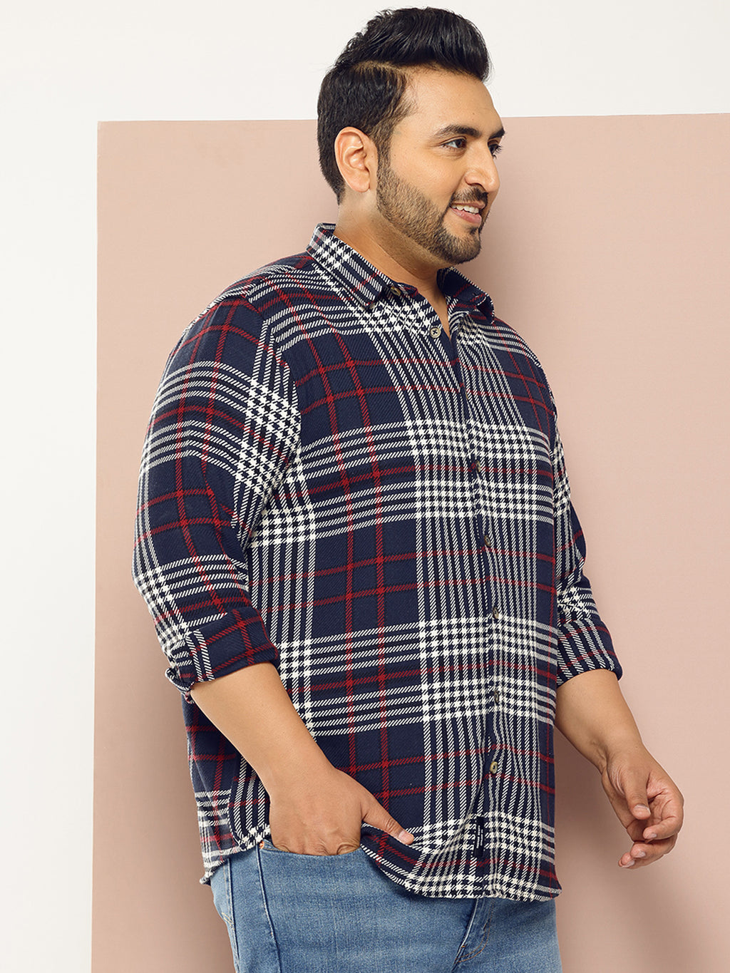 Thomas Scott Men NavyBlue Plus Size Regular Fit Tartan Checks Woven Shirt