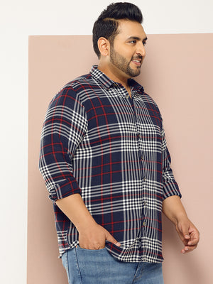 Thomas Scott Men NavyBlue Plus Size Regular Fit Tartan Checks Woven Shirt