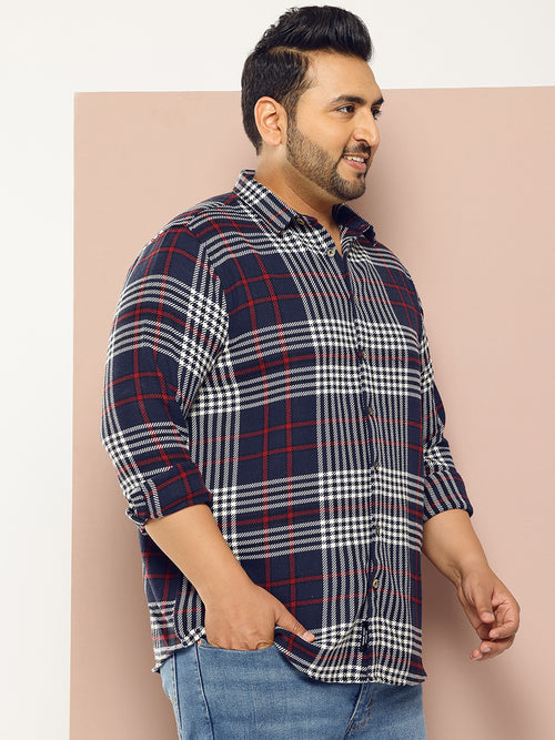 Thomas Scott Men NavyBlue Plus Size Regular Fit Tartan Checks Woven Shirt