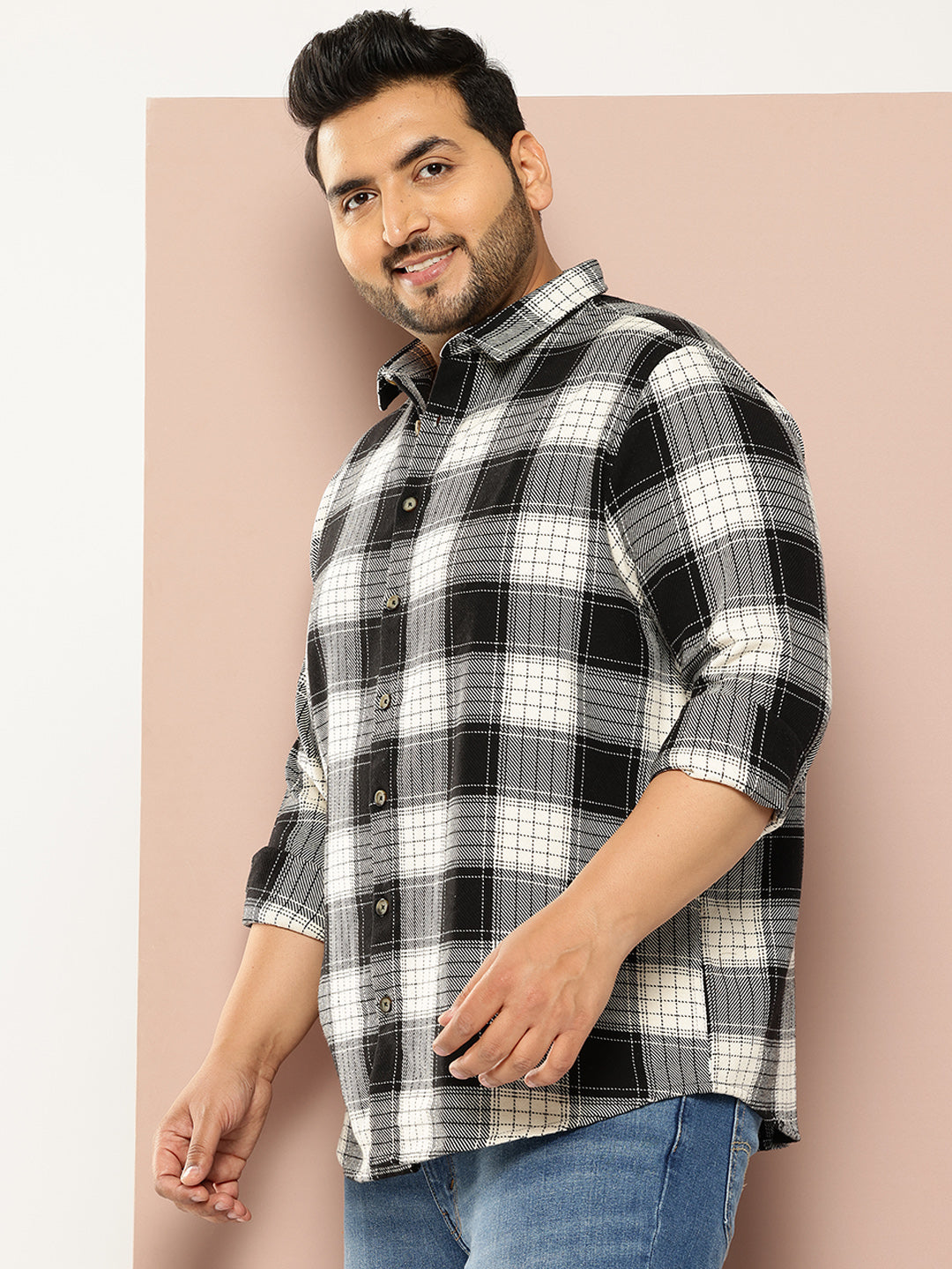 Thomas Scott Men Black Plus Size Long Sleeves Regular Fit Tartan Checks Woven Shirt
