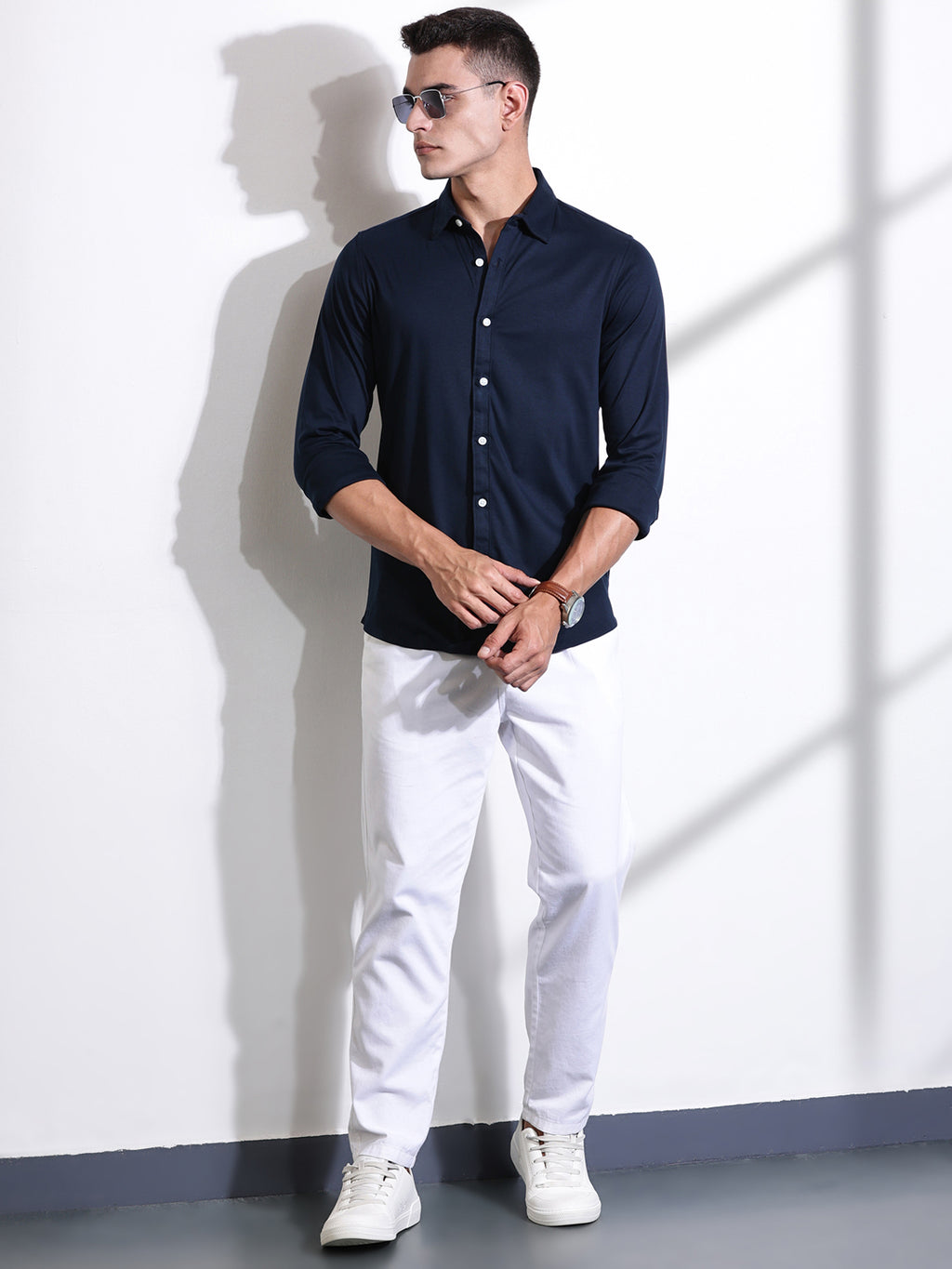 Thomas Scott Men Navy Blue Spread Collar Slim Fit Long Sleeves Solid Knitted Shirt