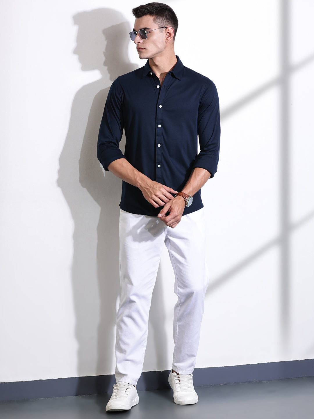 Thomas Scott Men Navy Blue Spread Collar Slim Fit Long Sleeves Solid Knitted Shirt