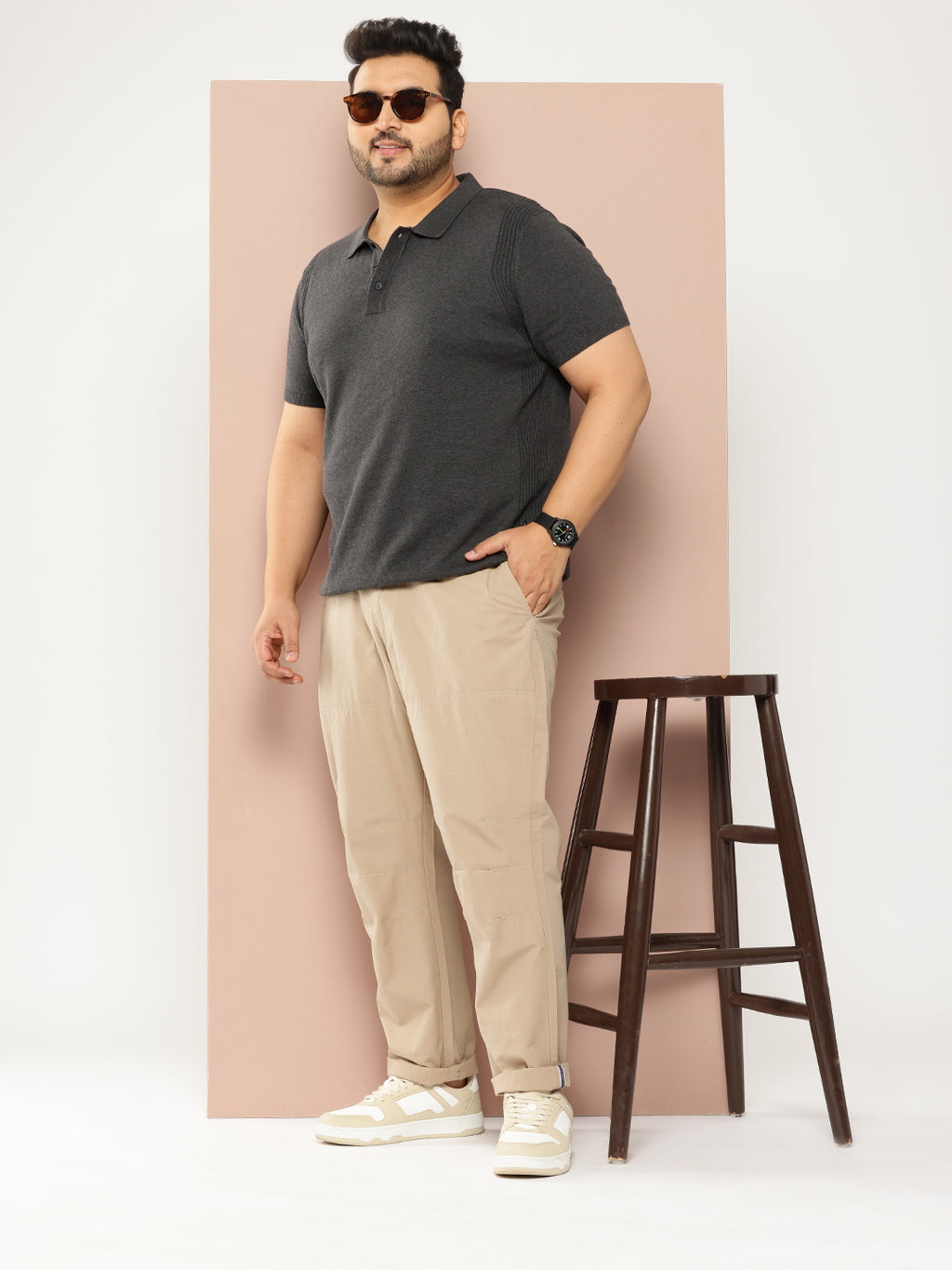 Thomas Scott Men Fawn Plus Size Regular Fit Mid-Rise Solid Woven Trousers