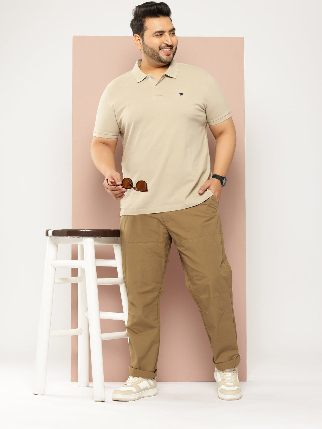 Thomas Scott Men Khaki Plus Size Regular Fit Mid-Rise Solid Woven Trousers