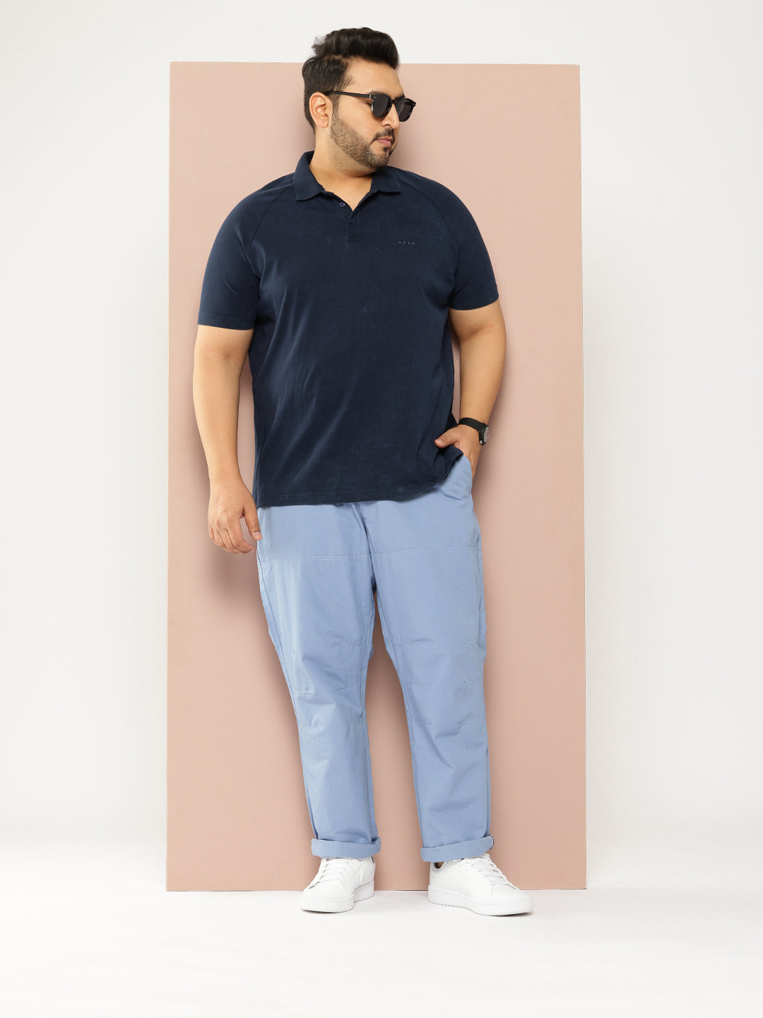 Thomas Scott Men MidBlue Plus Size Regular Fit Mid-Rise Solid Woven Trousers