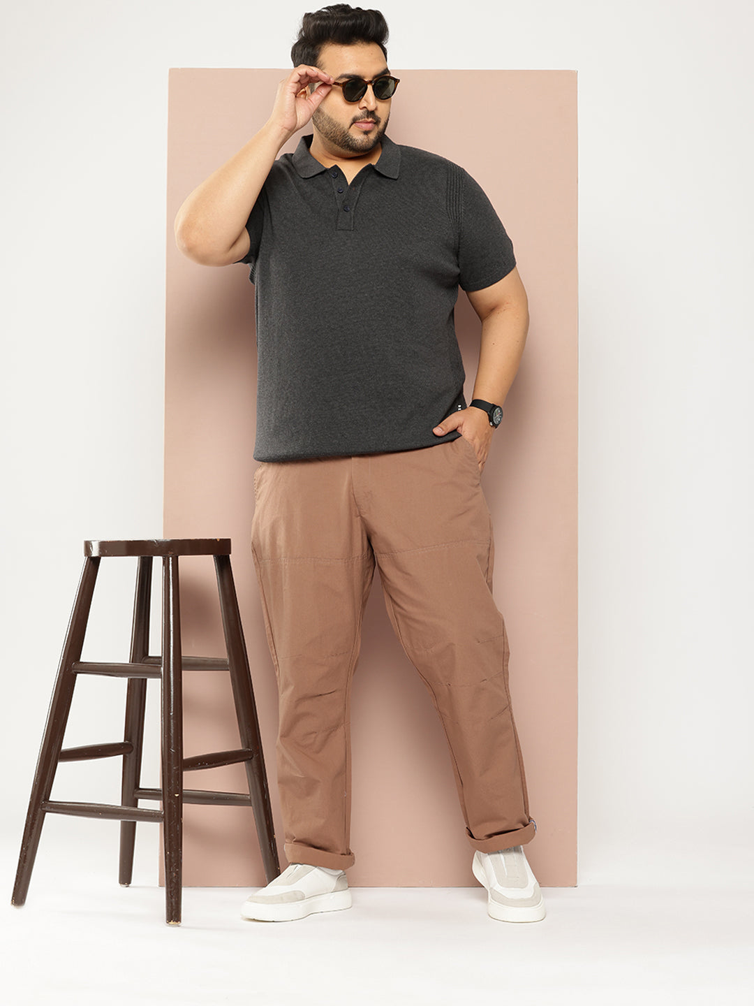Thomas Scott Men Peach Plus Size Regular Fit Mid-Rise Solid Woven Trousers