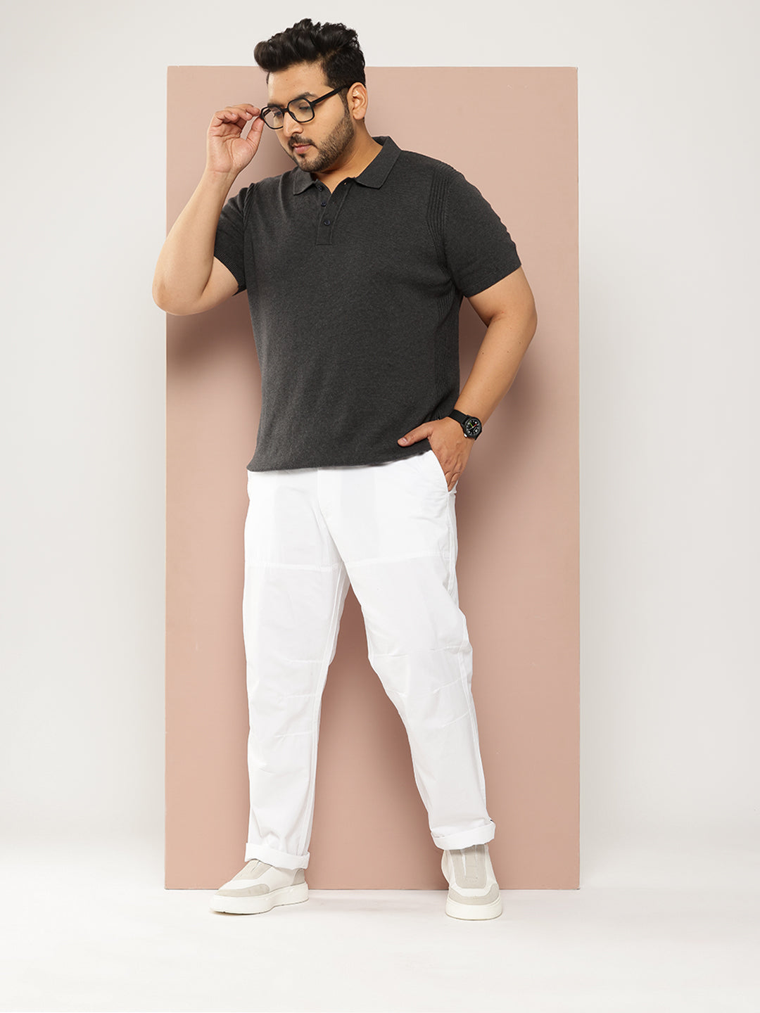 Thomas Scott Men White Plus Size Regular Fit Mid-Rise Solid Woven Trousers