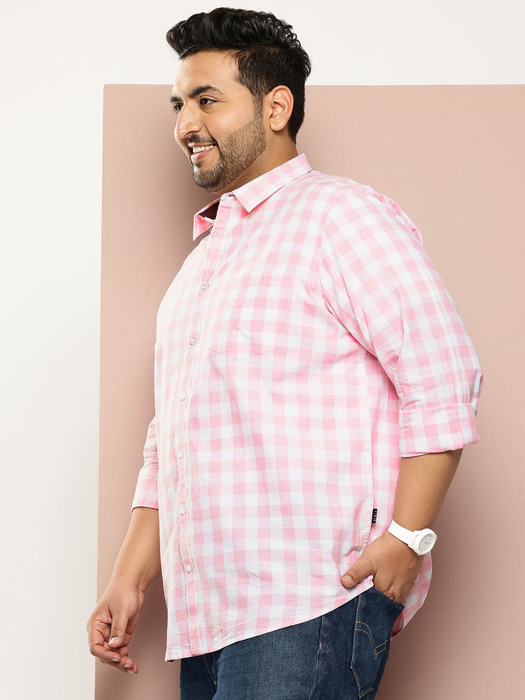 Thomas Scott Men Pink Plus Size Regular Fit Long Sleeves Tartan Checks Casual Shirt