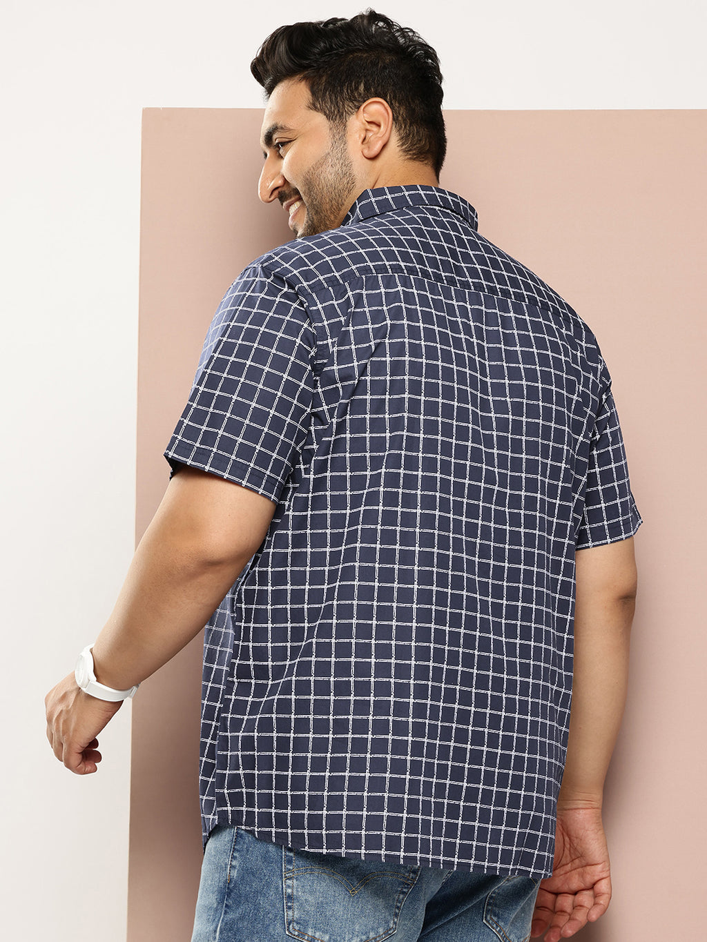 Thomas Scott Men Navy Plus Size Regular Fit Short Sleeves Windowpane Checks Woven Casual Shirt