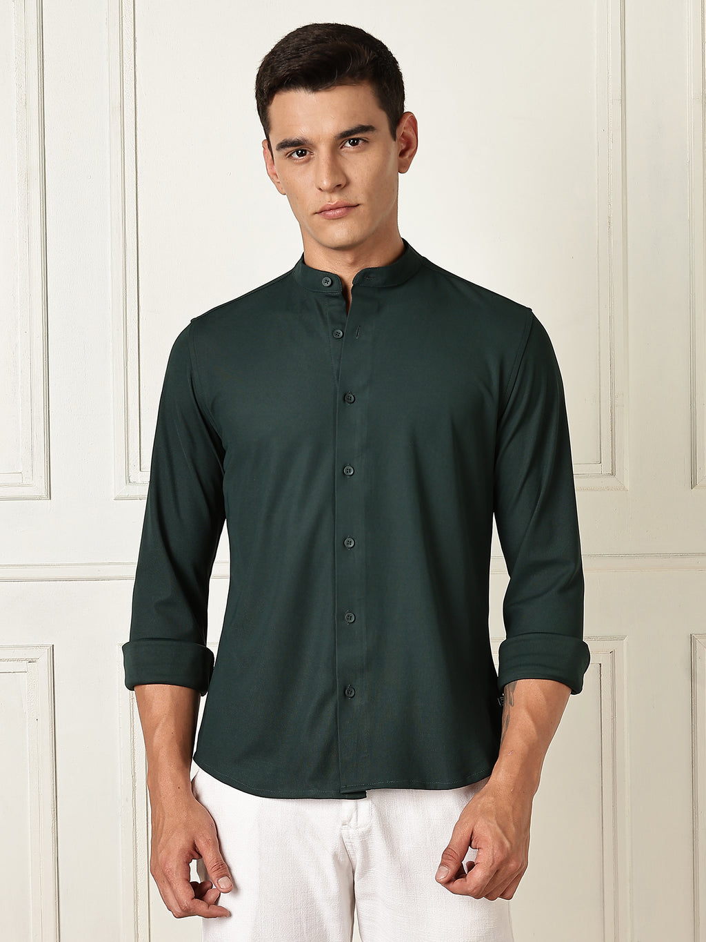 Thomas Scott Men Green Premium Slim Fit Long Sleeves Mandarin Collar 4 Way Stretch CoolMax Knitted Shirt