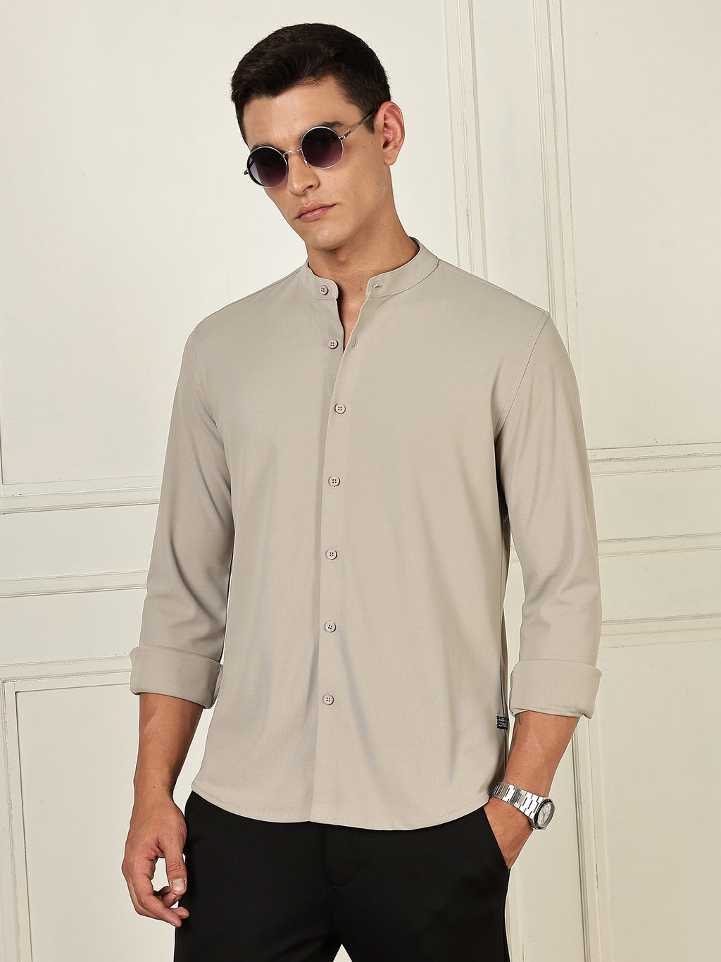 Thomas Scott Men Grey Premium Slim Fit Long Sleeves Mandarin Collar 4 Way Stretch CoolMax Knitted Shirt