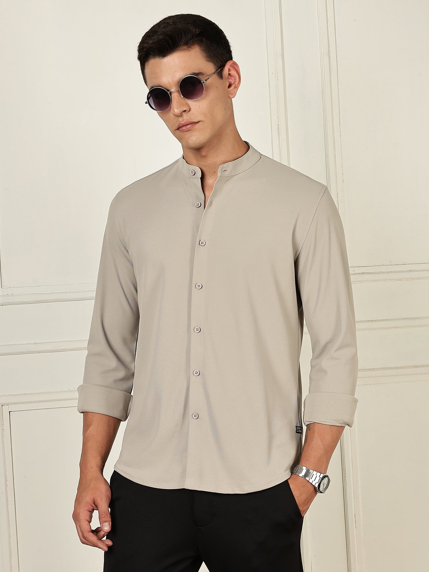 Thomas Scott Men Grey Premium Slim Fit Long Sleeves Mandarin Collar 4 Way Stretch CoolMax Knitted Shirt