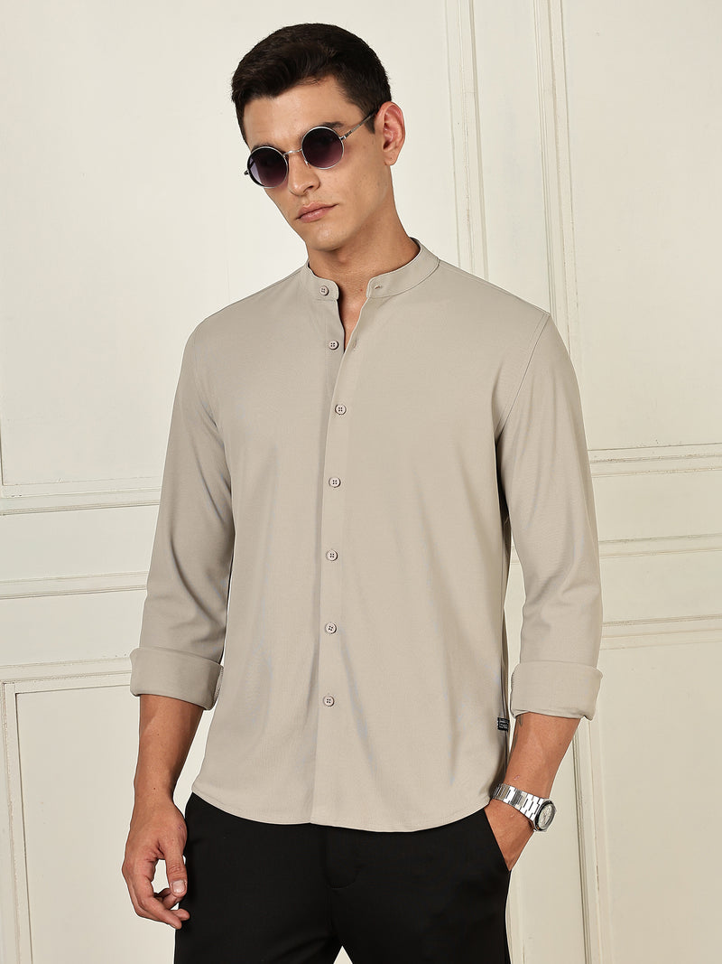 Thomas Scott Men Grey Premium Slim Fit Long Sleeves Mandarin Collar 4 Way Stretch CoolMax Knitted Shirt