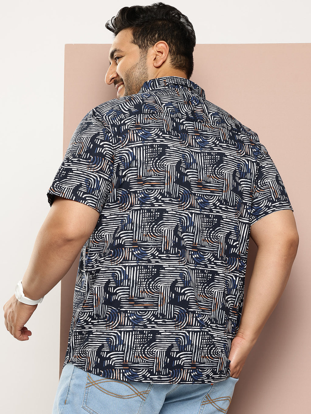 Thomas Scott Men Navy Plus Size Regular Fit Short Sleeves Graphic Print Woven Casual Shirt