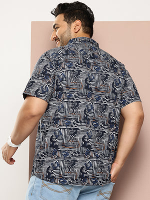 Thomas Scott Men Navy Plus Size Regular Fit Short Sleeves Graphic Print Woven Casual Shirt