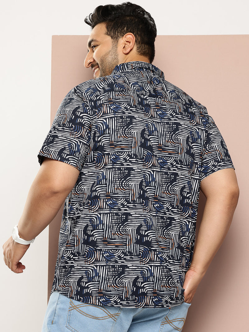 Thomas Scott Men Navy Plus Size Regular Fit Short Sleeves Graphic Print Woven Casual Shirt