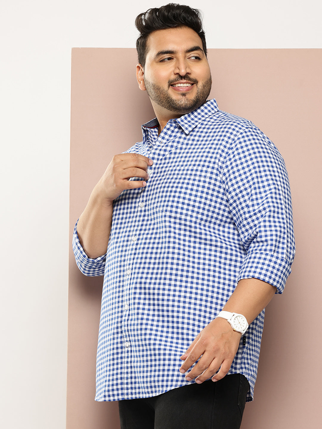 Thomas Scott Men RoyalBlue Plus Size Regular Fit Long Sleeves Gingham Checks Woven Casual Shirt