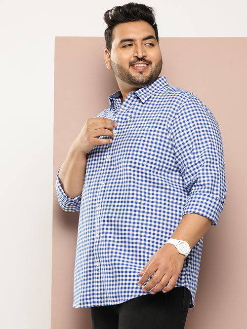 Thomas Scott Men RoyalBlue Plus Size Regular Fit Long Sleeves Gingham Checks Woven Casual Shirt