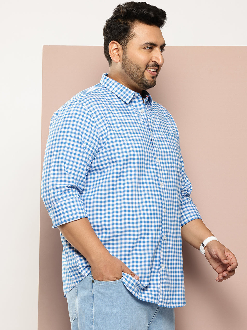 Thomas Scott Men Blue Plus Size Regular Fit Long Sleeves Gingham Checks Woven Casual Shirt