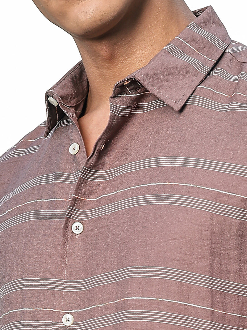 Thomas Scott Men Brown Slim Fit Short Sleeves Horizontal Stripes Woven Casual Shirt