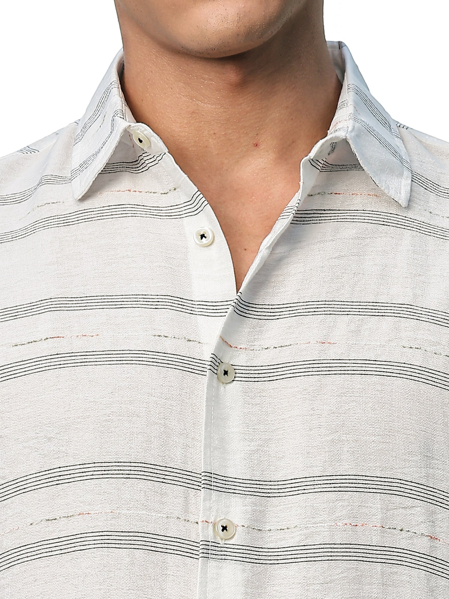 Thomas Scott Men White Slim Fit Short Sleeves Horizontal Stripes Woven Casual Shirt