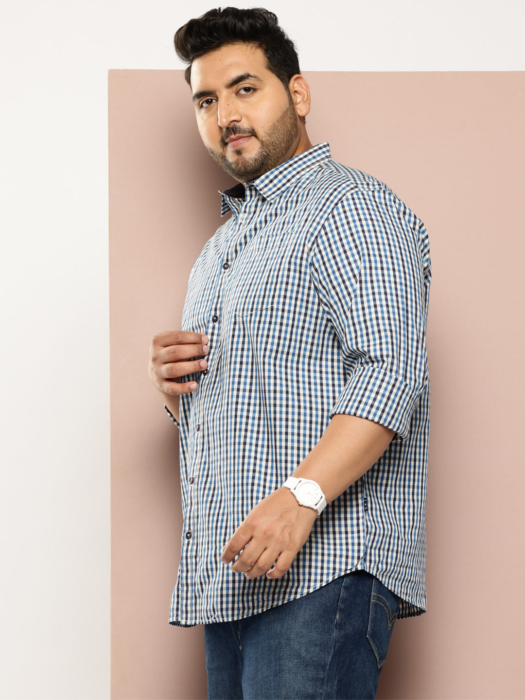 Thomas Scott Men Navy Plus Size Regular Fit Long Sleeves Gingham Checks Woven Casual Shirt